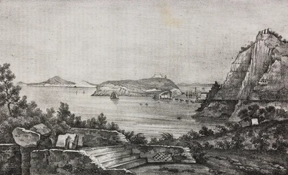 Utsikt over Posillipo fra monsignor Di Pietros terrasse, Campania, Italia, litografi av Salvatore Puglia fra Poliorama Pittoresco, n 32, 16. mars