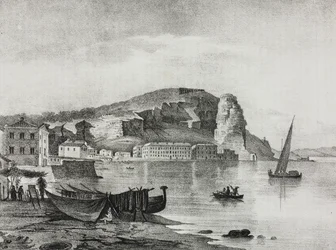 Utsikt over Terracina, Lazio, Italia, litografi av Salvatore Puglia fra Poliorama Pittoresco, n 22, 8. januar