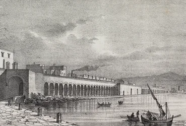 Utsikt over jernbanen ved Torre Annunziata, Campania, Italia, litografi av Gaetano Riccio fra Poliorama Pittoresco, n 21, 31. desember