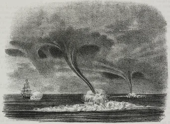 Waterspouts, litografi av Salvatore Puglia fra Poliorama Pittoresco, n 48, 9. juli