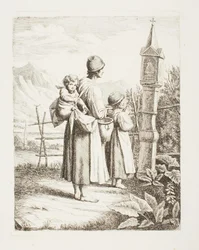 Tiggerkvinne med to barn foran et Madonnabilde på vei til Tirol