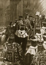 Tronbestigelsen ved kroningen av Georg I, 20. oktober 1714, fra «The Illustrated London News», 1902