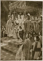 Overrekkelsen av sporene og sverdet ved Henrik VIs kroning på den hellige Leonards dag, 6. november 1429, fra «The Illustrated London News», 1902