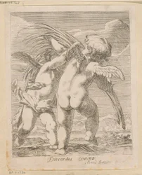 To putti krangler om en palmegren Discordia Concors (tittel på objekt) Ulike design (serietittel) Opera Varia Historica, Poetica & Iconologica (serietittel)