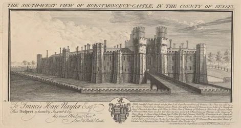 Den sørvestlige utsikten over Hertsmonceux Castle i fylket Sussex