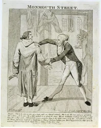 Monmouth Street, en karikatur av en selger av gamle klær, gravert av J. Cooke, 1789