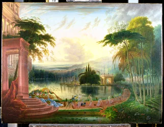 Et romantisk landskap med ankomsten til dronningen av Saba, ca. 1830 (olje på lerret)