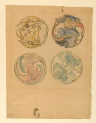Tegning, blomsterstudier (fire design for sirkulære ornamenter), 1880–90