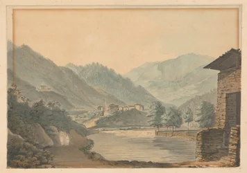 Fjellscene med bygninger og elv