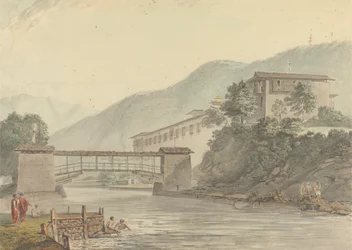 Utsikt over Tashichoedzong, Bhutan og Foot Bridge