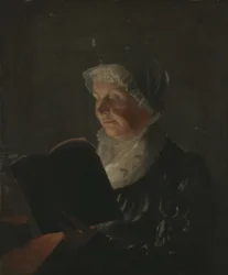 Ved stearinlys, ca. 1820 (olje på lerret montert på tre)