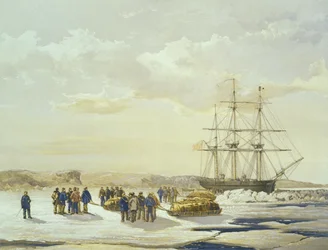 Kjelkefest som forlater H.M.S. Etterforsker i Mercy Bay, 15. april 1853, gravert av E. Walker, utgitt av Ackermann und Co., 1854