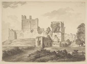 En utsikt med indisk blekk av Prudhoe Castle i Ovingham sogn (indisk blekk på papir)