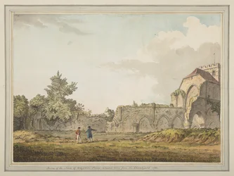 Ruinene av skipet til Boxgrove priory kirke hentet fra kirkegården