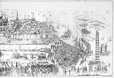Beleiringen av Boulogne ved kong Henrik VIII (1491-1547) i 1544, gravert av James Basire, 1788