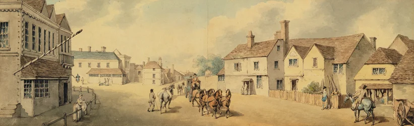 En trener og fire passerer gjennom Chippenham, Wiltshire (penn og blekk og wc på papir)