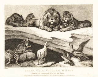 En rettssak mellom dyr, med løve og tiger som dommere. 1811 (etsing)