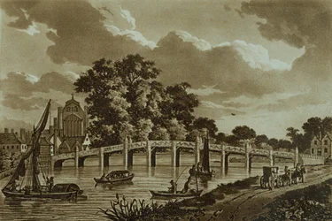 Hampton Court Bridge, illustrasjon fra 'Picturesque Views of Themsen', pub. 1799 (etsing, akvatint)