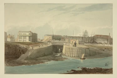 Inngang til Bathurst-bassenget fra New Cut, ca. 1825 (penn og blekk med akvarell på papir)