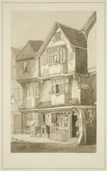 Gamle hus, hjørnet av Long Row, Temple Street (blyant og akvarell på papir)