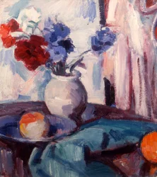 Blandede nelliker og kornblomster i en keramikkvase, ca. 1931