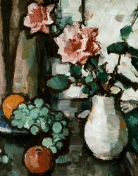 Stilleben av roser og frukt. Maleri av Samuel John Peploe (britisk 1871–1935). Privat samling.