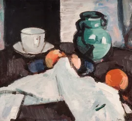 Stilleben med skål med frukt, kanne, kopp og skål, 1927-29.