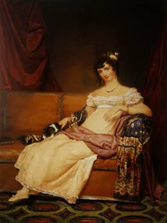 Lady Waterhouse sitter på en sofa med spanielen sin (akvarell på papir)