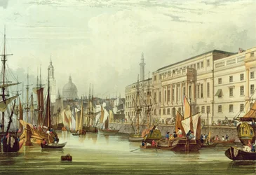 Custom House, E16, gravert av R. G. Reeve, 1828 (akvatint)
