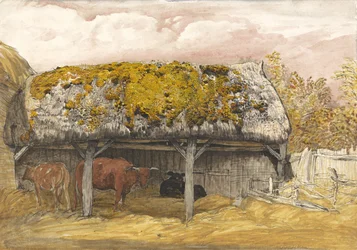 A Cow Lodge with a Mossy Roof, ca. 1829 (penn og blekk med akvarell og gouache på papir)