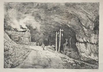 En serie med eldgamle bygninger og landlige hytter i Nord-England: Peak Cavern, 1821.