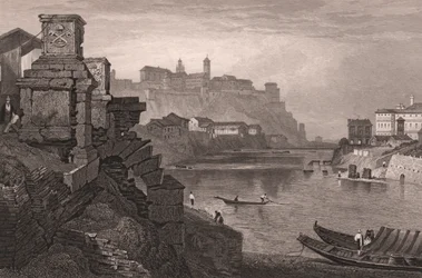 Tiberelven med Mount Aventine i bakgrunnen, Roma, Lazio, Italia, stålgravering fra tegning av Samuel Prout (1783-1852), ca 15x115 cm