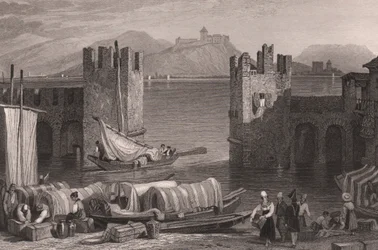 Utsikt over Angera-slottet i Arona, Lago Maggiore, Piemonte, Italia, stålgravering fra tegning av Samuel Prout (1783-1852), ca 16x11 cm