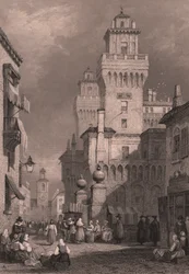 Utsikt over Castello Estense, Ferrara, Emilia-Romagna, Italia, stålstikk av John Godfrey (ca. 1817–1889) etter tegning av Samuel Prout (1783–1852), ca. 26 x 17 cm, utgitt av Blackie and Son