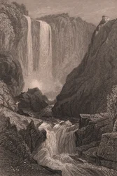 Utsikt over Marmores Falls (Cascata delle Marmore) nær Terni, Umbria, Italia, stålgravering etter tegning av Samuel Prout (1783-1852), ca. 15x11,5 cm