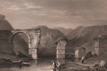 Utsikt over romerske ruiner av Augustus Bridge (Ponte di Augusto) over Nera-elven, Narni, Umbria, Italia, stålgravering etter tegning av Samuel Prout (1783-1852), ca. 15x11,5 cm