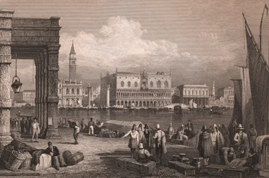 Utsikt over Markusbassenget i Venezia, Veneto, Italia, stålgravering etter tegning av Samuel Prout (1783-1852), ca. 15x11,5 cm