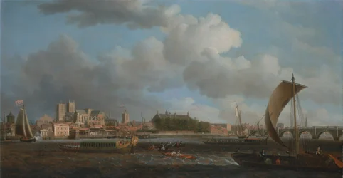 Westminster fra Lambeth, med Ceremonial Barge fra Ironmongers Company