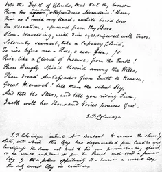Siste linjer av Coleridges dikt Hymne før soloppgang i Chamouny-dalen, skrevet med dikterens egen håndskrift og sendt i et brev til fru Brabant i Devizes, 1815
