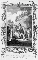 En Gentoo-kvinne som brenner seg på begravelseshaugen til mannen sin, 1700-tallet.