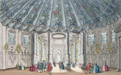 Interiørutsikt over det elegante musikkrommet i Vauxhall Gardens, gravert av H. Roberts, 1752 (håndfarget gravering)