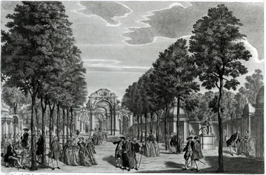 Triumfbuene, Händels statue i South Walk of Vauxhall Gardens, gravert av John S. Muller (håndfarget etsing og gravering)