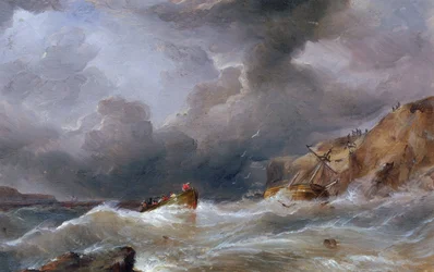 En båt sank på en steinete kyst, med livbåten full av overlevende. Olje på lerret av Samuel Walters (1811–1882).