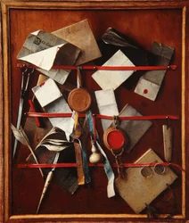 Illusorisk brevstativ med skriveredskaper, ca. 1655