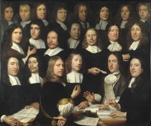 Gruppeportrett av myntmesterne i Dordrecht (Portrait de groupe des maitres et des officers de la monnaie de Dordrecht) - Peinture de Samuel Dirksz van Hoogstraten (1627-1678) - 1674 - Olje på lerret - 139,5x166 - Dordrechts Museum