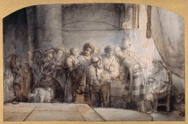 Judas mottar de tretti sølvstykkene, ca. 1640 (penn og blekk over rødt kritt over vask på papir)