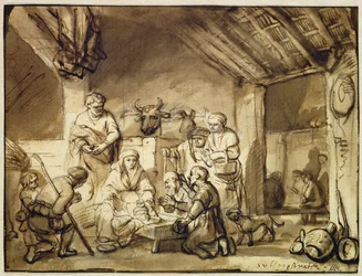The Adoration of the Shepherds (penn og blekk vaskes over svart kritt på papir)