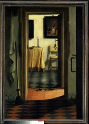 Tøflene. Et interiør i et hus i Holland - Maleri av Samuel Hoogstraten (1626-1678), flamsk skole, 17. århundre, 1,03 x 0,70 m, Paris, Musée du Louvre