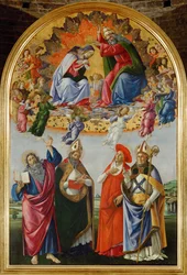 Kroningen av Jomfruen med seksten engler og helgenene evangelisten Johannes, Augustin, Hieronymus og Eligius