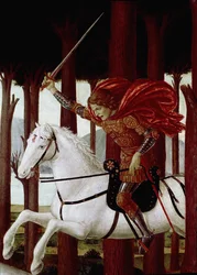 Historien om Nastagio degli Onesti: Encounter with the Damned in the Pine Forest (fra en Decamerons novelle av Boccaccio) (olje på panel
